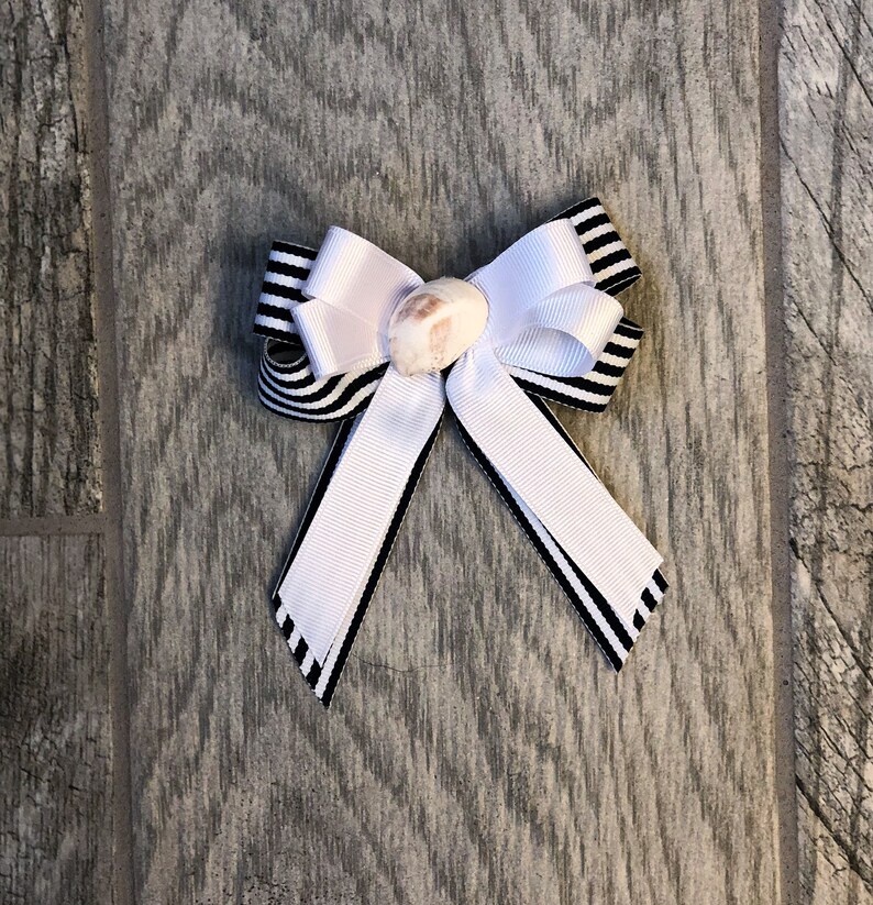 Navy and White Striped Ribbon with Pink or White Double Bow Seashell Hair Bow