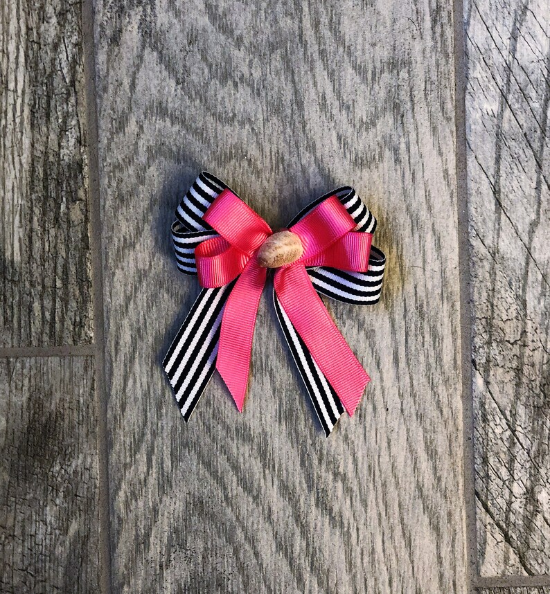 Navy and White Striped Ribbon with Pink or White Double Bow Seashell Hair Bow