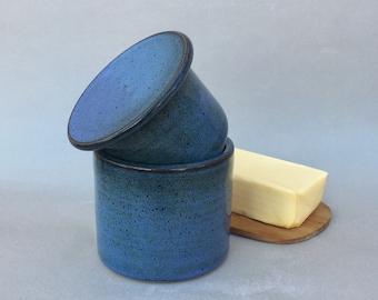 French butter dish, large, handmade pottery butter crock, family size, blue butter keeper, ceramic butter holder