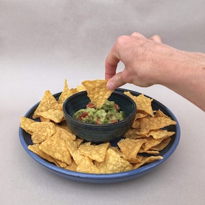 Chip and Salsa Set, handmade pottery, Chip n&#39; Dip, serving dish, appetizer, blue