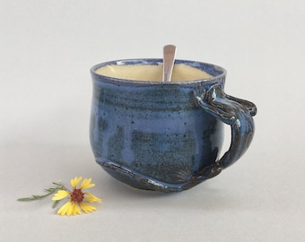 Jumbo coffee mug pottery tea cup, handmade large blue ceramic 16oz soup cup, unique stoneware animal cup, sculptural pottery