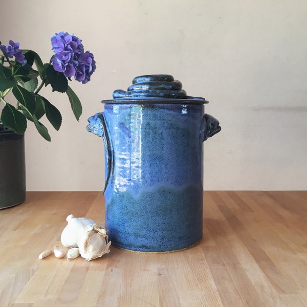 Ceramic Compost Caddy - blue - handmade pottery kitchen compost bin with lizard handles and snake lid