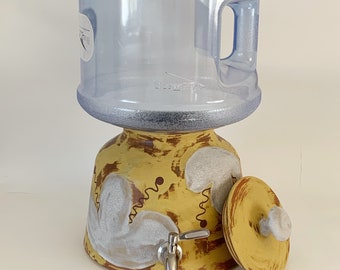 Water dispenser crock, ceramic, whimsical, handmade beverage dispenser, yellow matte, spigot included