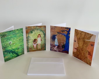 4 Art Note Cards 7x5", 4 mystical cards, set of 4, folded greeting card with envelopes, blank inside