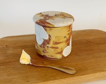 French butter crock, large handmade pottery butter dish, yellow butter keeper, ceramic butter holder, lid with pattern