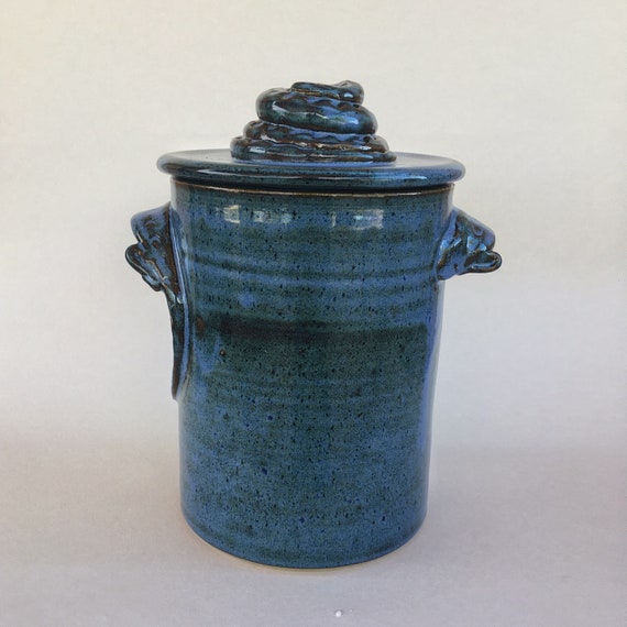 Ceramic Compost Caddy Blue Handmade Pottery Kitchen Compost Bin With Lizard  Handles and Snake Lid 