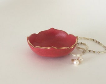 ring dish with gold rim, handmade ceramic ring dish holder, jewelry holder, ring dish engagement, red, valentines gift