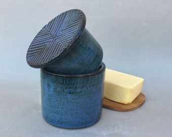 French Butter Crock, Handmade Pottery Butter Dish, French Butter Keeper, Blue