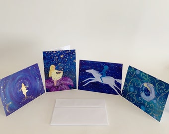 4 Art Note Cards 7x5", 4 mystical cards, set of 4, folded greeting cards with envelopes, blank inside