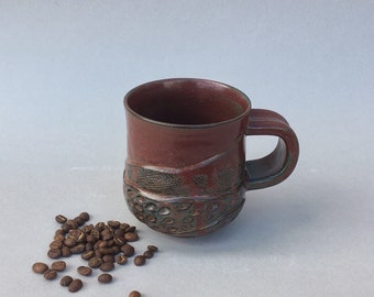 Ceramic coffee mug, handmade coffee cup, 12 oz red/black carved pottery mug