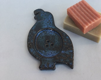 ceramic soap dish, handmade soap holder, pottery quail soap dish, blue
