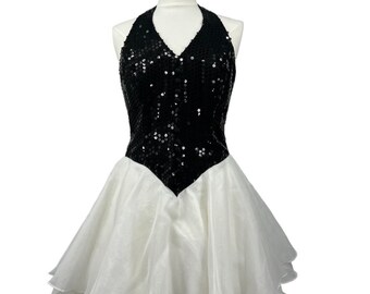 1990&#39;s Formal Dress 13 De Laru Linda Bernell black sequins white tule VTG mini