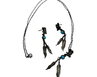 Pendientes nativos americanos, collar, plumas de águila, gemas turquesas, joyería vintage