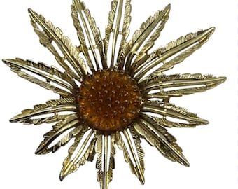 Broche de girasol vintage de Sarah Coventry, años 60, tono dorado naranja.