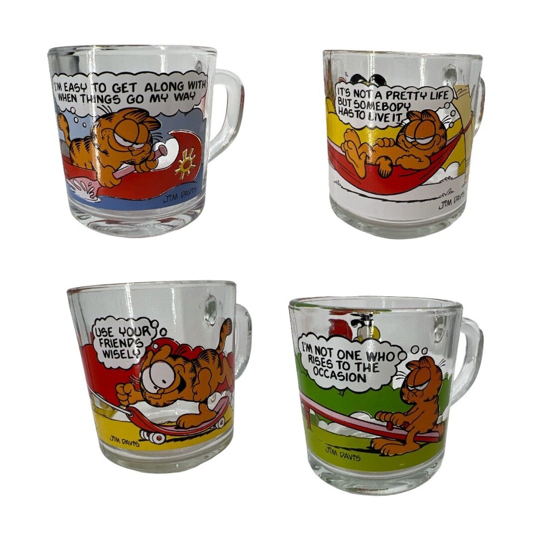 Mcdonalds Garfield Mugs Set of 4 Vintage Jim Davis Glass Cups With
