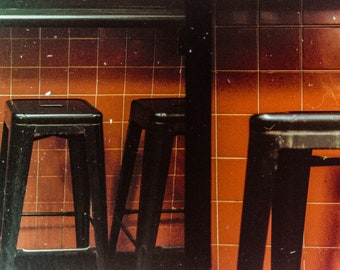 Film Scan of Black Stools against Bright Red Vintage Tile | Red and Black | Fine Art Print Taken in Chicago