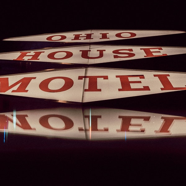 Vintage Motel Sign Reflected with Prism at Night | Red and Black | Fine Art Print Taken in Chicago Illinois