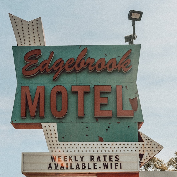 Pale Green and Red Vintage Antique Motel Sign with Light Leak on Sunny Day | Fine Art Print Taken in Chicago Illinois