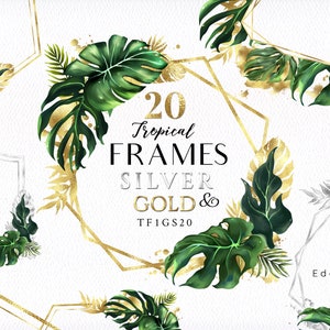 Greenery Frames/Golden/Silver/Palm/Tropical/Clipart/Botanical/Border/Foliage/Monstera/Stationery/Beach/Watercolor/Herbal/Commercial use