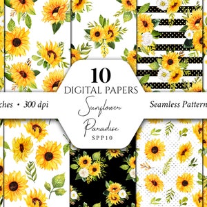 Sunflower Digital Papers/Yellow/Patterns/Scrapbook/Seamless/Print/Fabric/Flowers/Arrangements/Bouquets/Stationery/Watercolor/Commercial use