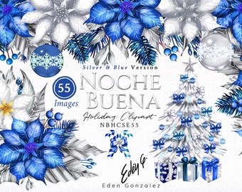 Christmas Blue/Navy/Silver/Noche Buena/Poinsettia/Clipart/Xmas/Floral/Winter/Flower/Arrangements/Bouquets/Watercolor/Digital/Commercial use