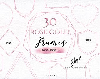 Digital Rose Gold Frames/Clipart/Stationery/Pink/Geometric/Shapes/Polygonal/Border/Squares/Metallic/Blush/Heart/Love/Commercial use
