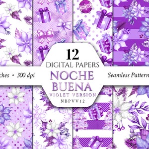 Christmas Digital Papers/Violet/Purple/Lilac/Patterns/Noche Buena/Poinsettia/Clipart/Xmas/Floral/Winter/Flower/Seamless/Commercial use