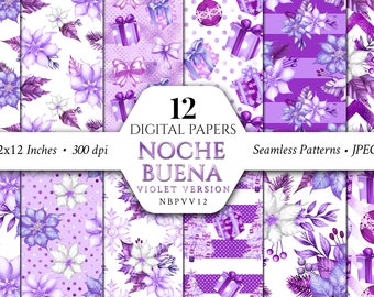 Christmas Digital Papers/Violet/Purple/Lilac/Patterns/Noche Buena/Poinsettia/Clipart/Xmas/Floral/Winter/Flower/Seamless/Commercial use