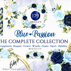 Blue Passion/Arrangements/Clipart/Illustrations/Flowers/Arrangements/Bouquets/Stationery/Watercolor/Wedding/Border/Navy/Commercial use