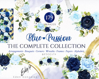 Blue Passion/Arrangements/Clipart/Illustrations/Flowers/Arrangements/Bouquets/Stationery/Watercolor/Wedding/Border/Navy/Commercial use