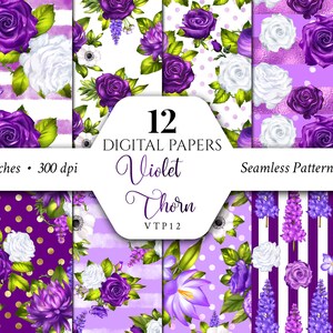 Purple Digital Papers/Violet/Patterns/Scrapbook/Seamless/Print/Fabric/Flowers/Arrangements/Bouquets/Stationery/Watercolor/Commercial use