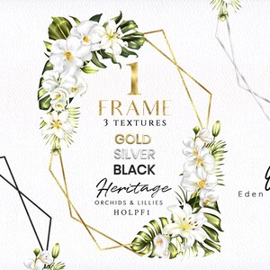 Könnte beinhalten: Ein goldener geometrischer Rahmen mit weißen Orchideen und Lilien, umgeben von grünen Blättern. Der Rahmen trägt den Text "FRAME 3 TEXTURES GOLD SILVER BLACK Heritage ORCHIDS & LILLIES HOLPF1" und die Unterschrift "Edey Co. Eden Gonzalez".