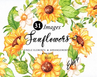 Watercolor/Sunflower/Yellow/Floral/Clipart/Illustrations/Flowers/Arrangements/Bouquets/Corners/Borders/Stationery/Wreath/Commercial use