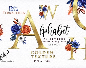 Alphabet/Letters/PNG/Golden/Floral/Blue/Navy/Terracotta/Brown/Arrangements/Flowers/Bouquets/Stationery/Watercolor/Wedding/Commercial use