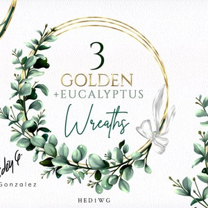 Digital Golden Greenery Wreaths/Clipart/Herbal/Arrangements/Stationery/Watercolor/Wedding/Green/Leaf/Leaves/Eucalyptus/Border/Commercial use