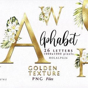 Alphabet/Orchid/Lily/Calla/Monstera/Greenery/Leaf/Leaves/Herbal/Tropical/Letters/PNG/Golden/Gold/Wedding/Clipart/Stationery/Commercial use