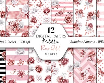 Metallic Rose Gold Digital Papers/Pink/Patterns/Scrapbook/Seamless/Butterfly/Blush/Champagne/Flowers/Arrangements/Stationery/Commercial use