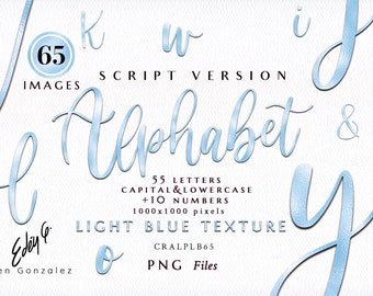 Alphabet/Blue/Light Blue/Cursive/Script/Calligraphy/Handwritten/Letters/Numbers/Symbols/PNG/Metal/Clipart/Stationery/Texture/Commercial use