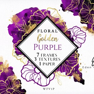 Digital Purple Frames/Clipart/Illustrations/Flowers/Golden/Texture/Stationery/Watercolor/Wedding/Violet/Corner/Border/Commercial use