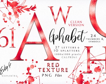 Alphabet/Letters/Red/Crimson/Cherry/Scarlet/Wine/Burgundy/Numbers/Symbols/PNG/Wedding/Clipart/Stationery/Splatter/Texture/Commercial use