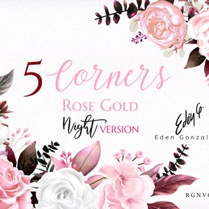 Digitale Roségold-Ecken / Clipart / Blumen / Rahmen / Arrangements / Blumensträuße / Briefpapier / Aquarell / Hochzeit / Pink / Rouge / Koralle / Rand / Kommerzielle Nutzung