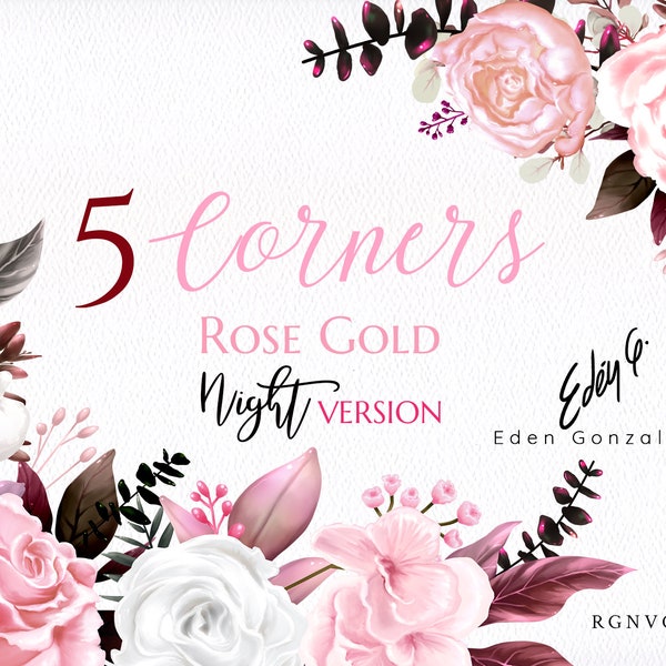 Digital Rose Gold Corners/Clipart/Flowers/Frames/Arrangements/Bouquets/Stationery/Watercolor/Wedding/Pink/Blush/Coral/Border/Commercial use