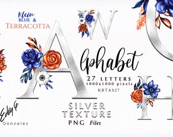 Alphabet/Letters/PNG/Silver/Floral/Blue/Navy/Terracotta/Brown/Arrangements/Flowers/Bouquets/Stationery/Watercolor/Wedding/Commercial use