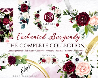 Enchanted Burgundy/Arrangements/Clipart/Illustrations/Flowers/Arrangements/Bouquets/Stationery/Watercolor/Wedding/Wine/Red/Commercial use