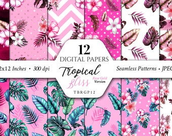 Tropical Papers/Rose Gold/Pink/Fuchsia/Greenery/Patterns/Scrapbook/Seamless/Flowers/Fabric/Herbal/Aloha/Watercolor/Foliage/Commercial use