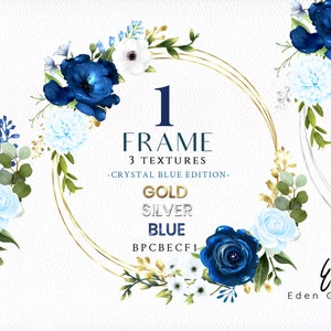 Digital Blue Golden Frames/Clipart/Roses/Flowers/Arrangements/Bouquets/Stationery/Watercolor/Wedding/Navy/Prussian/border/Commercial use