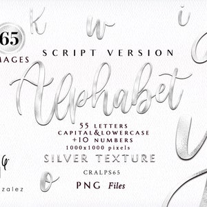 Alphabet/Silver/Chrome/Cursive/Script/Calligraphy/Handwritten/Letters/Numbers/Symbols/PNG/Metal/Clipart/Stationery/Texture/Commercial use