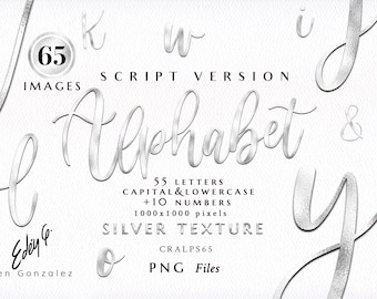 Alphabet/Silver/Chrome/Cursive/Script/Calligraphy/Handwritten/Letters/Numbers/Symbols/PNG/Metal/Clipart/Stationery/Texture/Commercial use