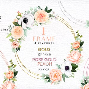 Digital Golden Peach Frames/Clipart/Flowers/Arrangements/Watercolor/Circle/Rose/Border/Silver/Salmon/Blush/Coral/Beige/Commercial use