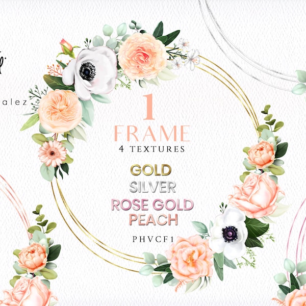 Digital Golden Peach Frames/Clipart/Flowers/Arrangements/Watercolor/Circle/Rose/Border/Silver/Salmon/Blush/Coral/Beige/Commercial use